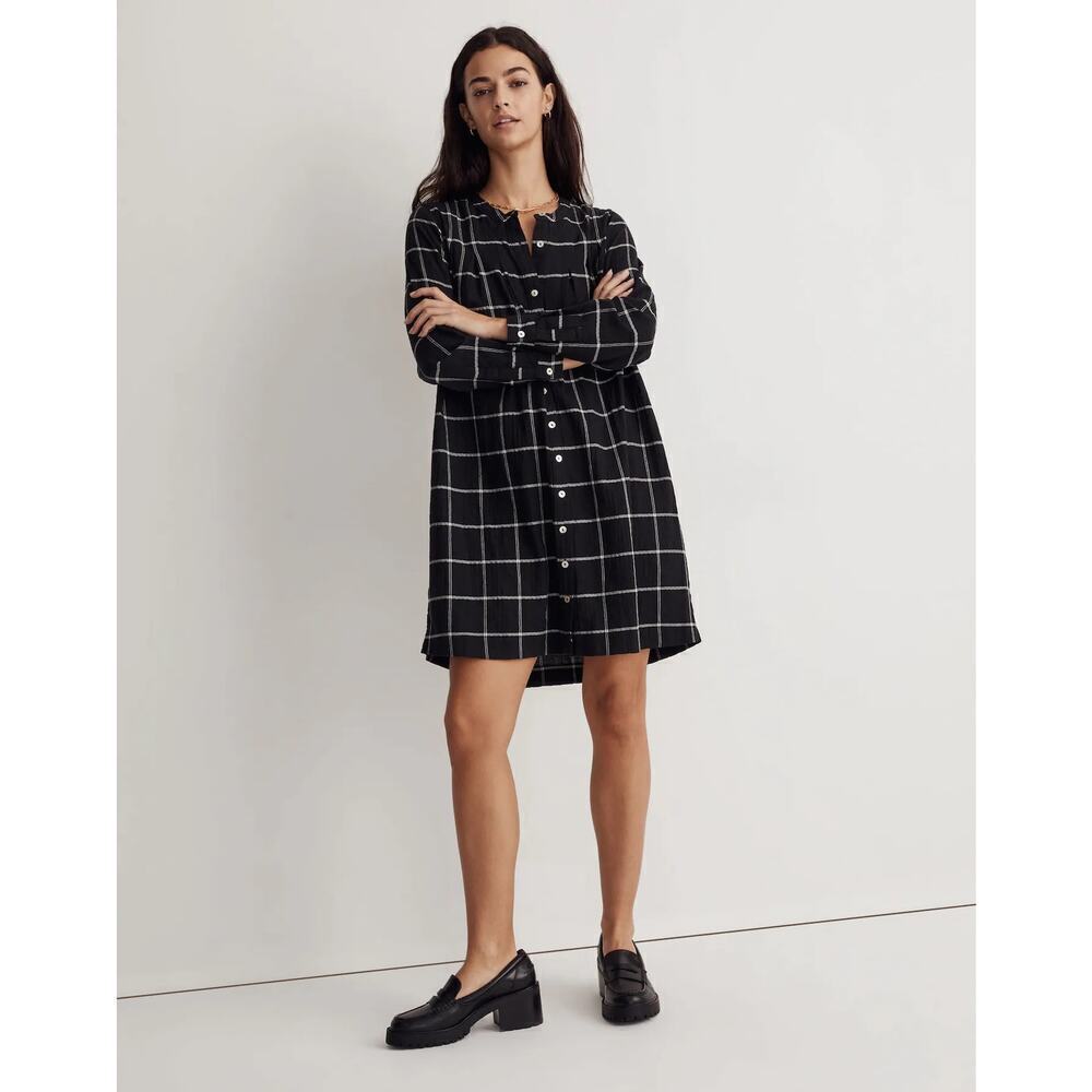 Madewell Dark Academia Windowpane Black Button Long Sleeve Mini Shirtdress Small